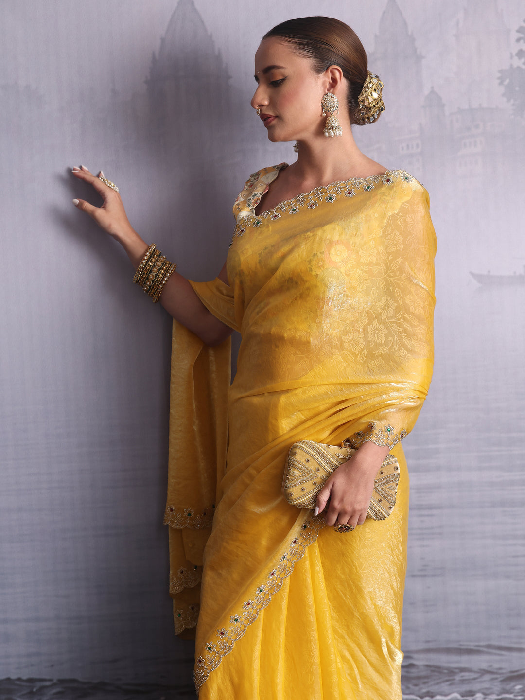  Libas Mustard Tissue Saree with Embellished Scalloped Border 