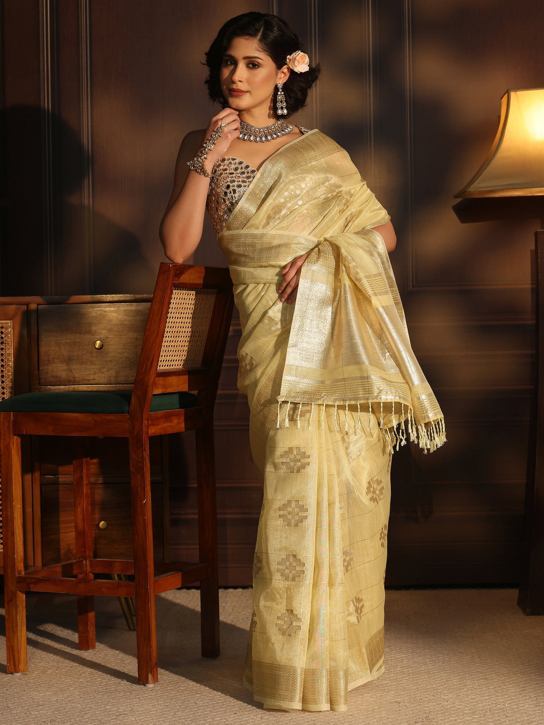 Libas Mustard Woven Design Chanderi Silk Saree