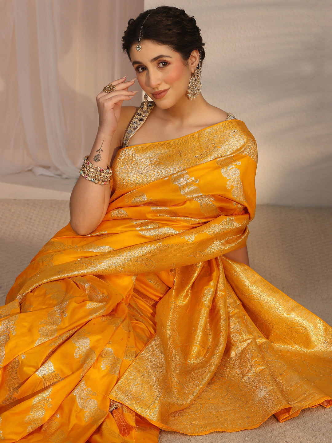  Libas Mustard Woven Design Silk Blend Saree 