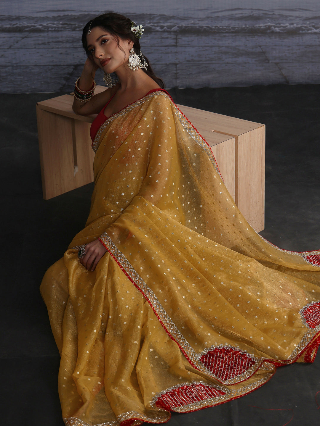 Libas Mustard Woven Design Tissue Saree with Applique Work