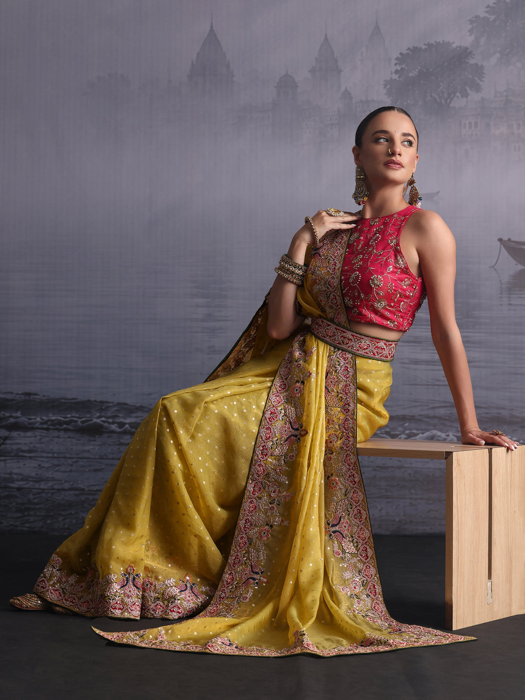  Libas Mustard Woven Design Tissue Saree with Embroidered Border 