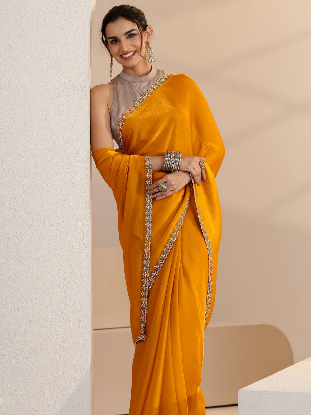  Libas Mustard Yellow Tissue Saree with Stone Work Border 