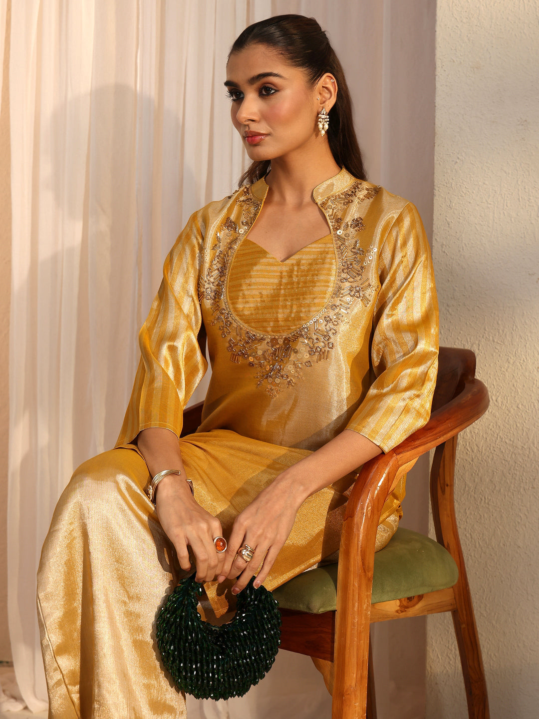  Libas Mustard Yoke Design Embellished Silk Blend Co-Ord Set 