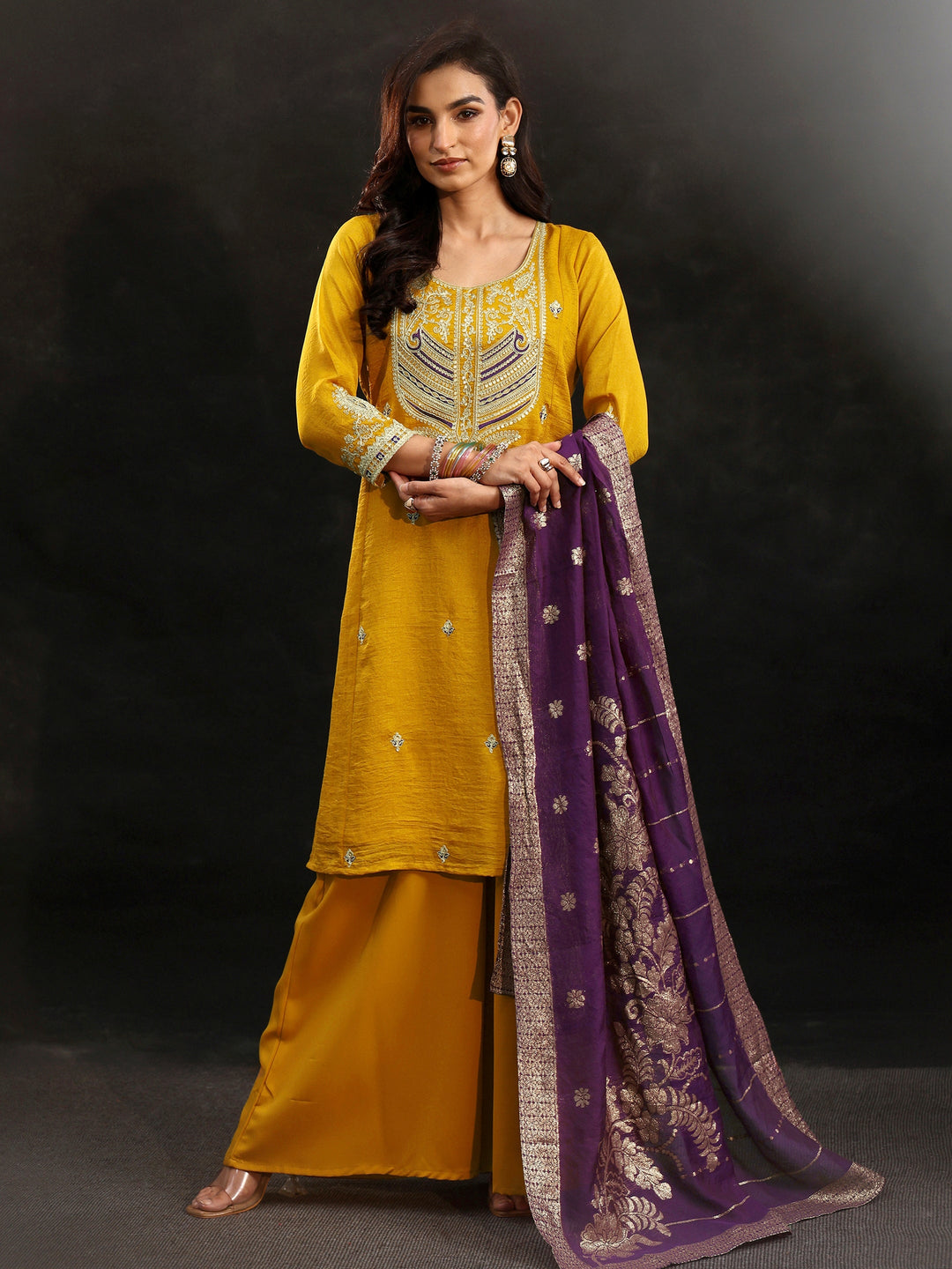  Libas Mustard Yoke Design Silk Blend Palazzo Suit Set 