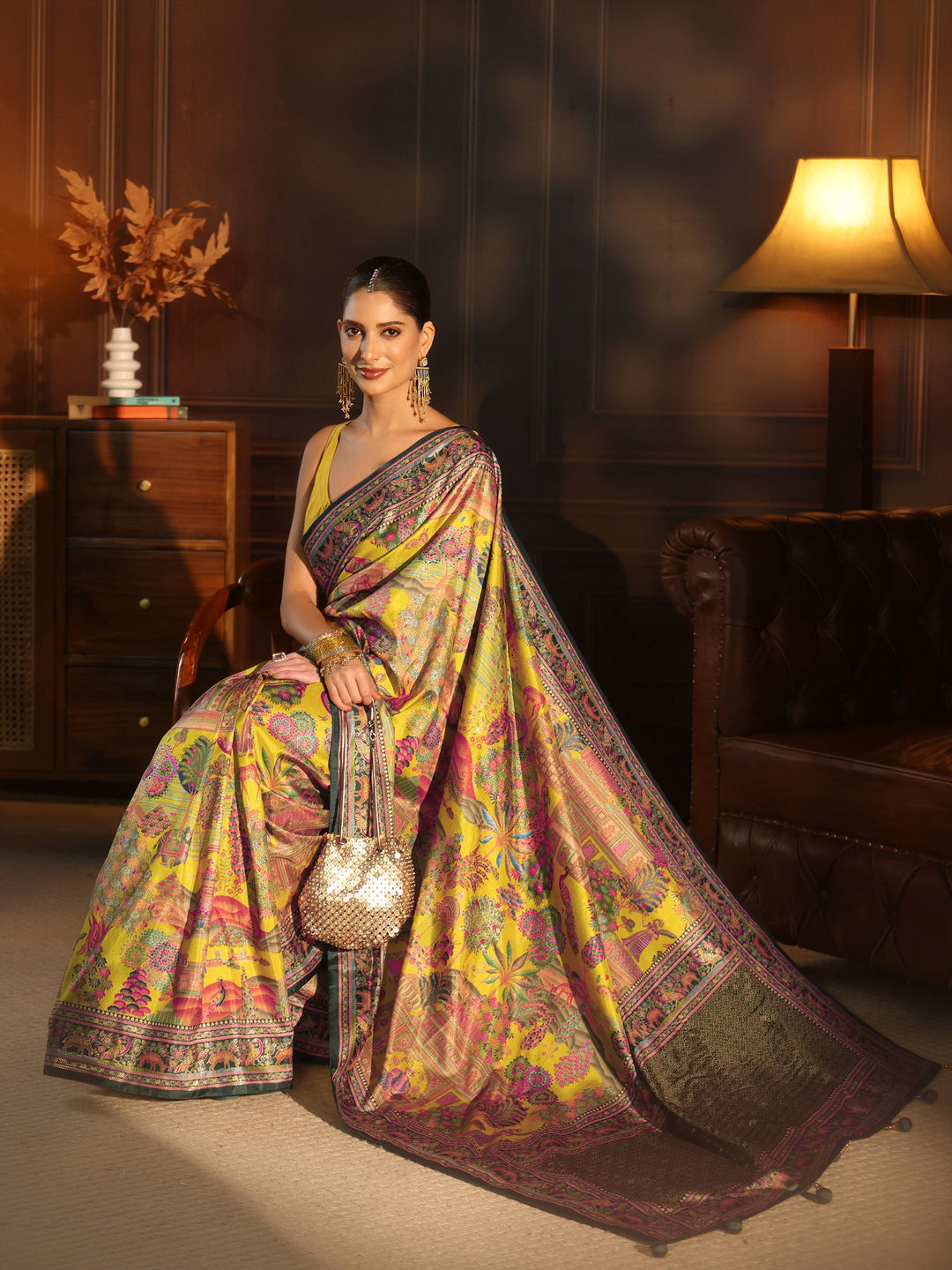  Libas Mustard and Green Mughal Printed Silk Blend Saree 