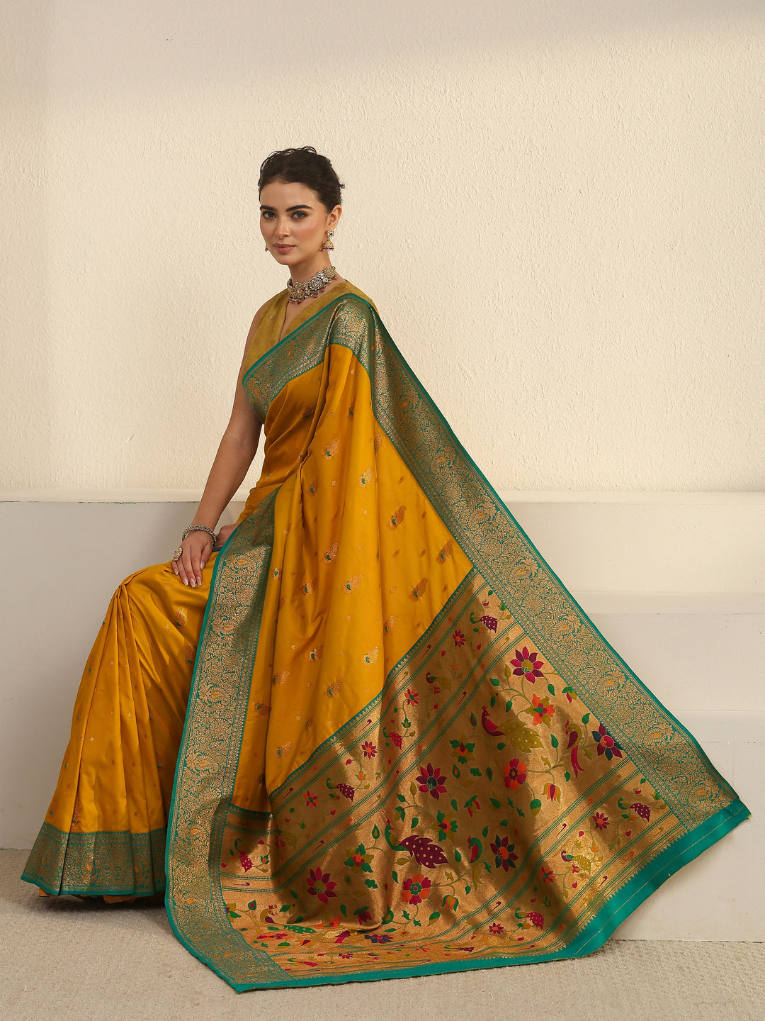 Libas Mustard and Green Silk Blend Paithani Saree