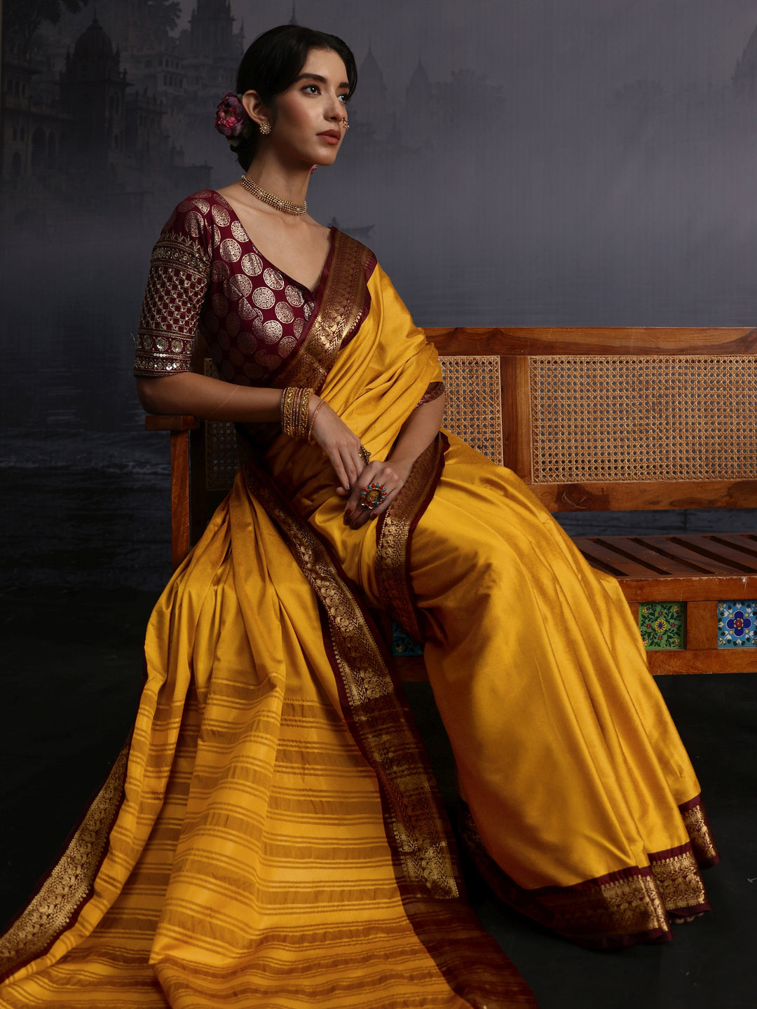 Libas Mustard and Maroon Silk Blend Tassel Saree with Woven Border
