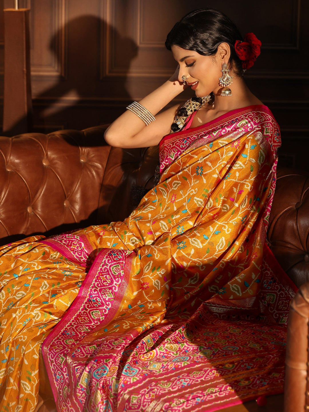 Libas Mustard and Pink Floral Printed Silk Blend Saree