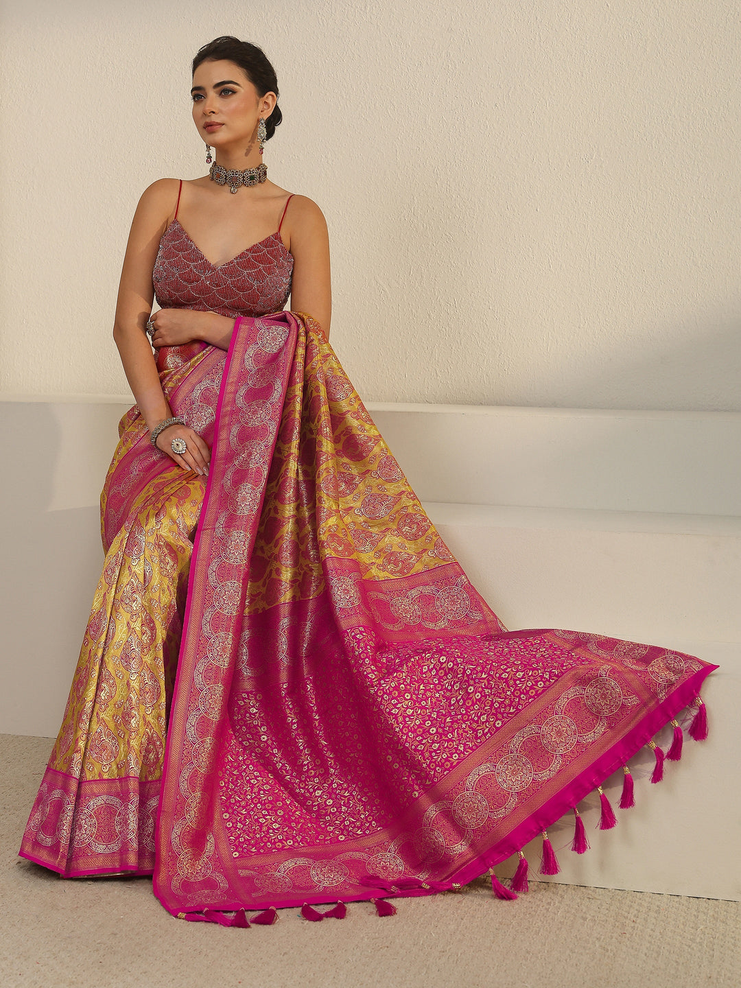 Libas Mustard and Pink Woven Design Silk Blend Saree