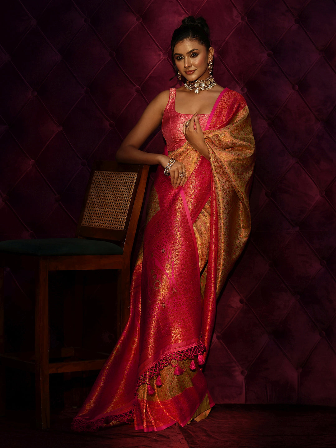 Libas Mustard and Pink Woven Design Silk Blend Tassel Saree