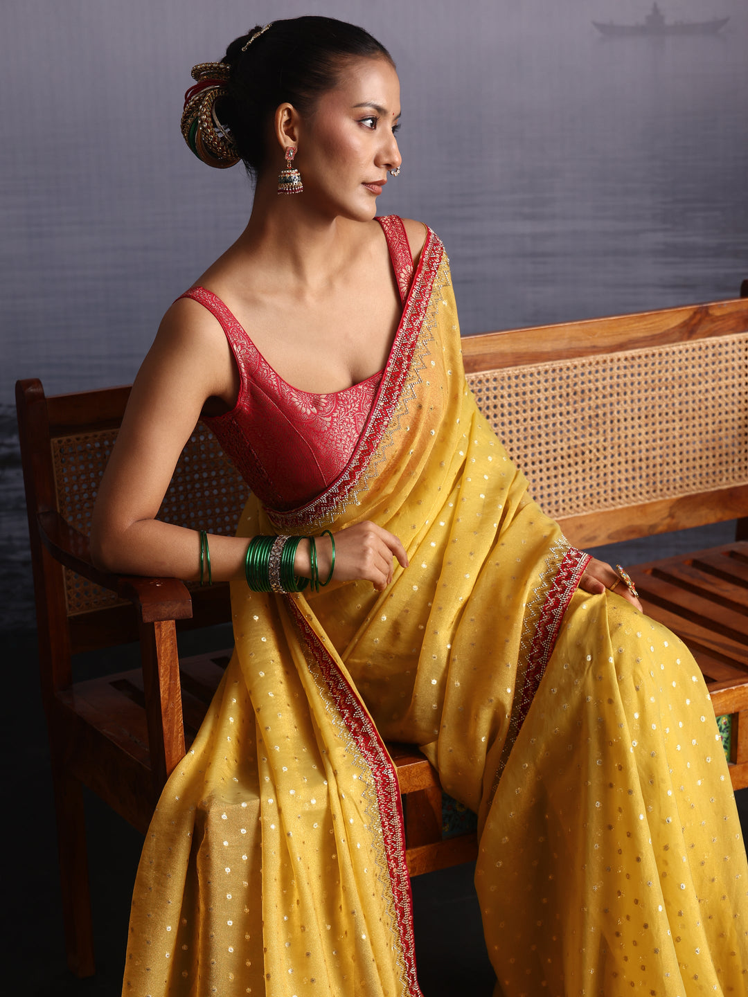  Libas Mustard and Pink Woven Design Tissue Saree with Embellished Border 