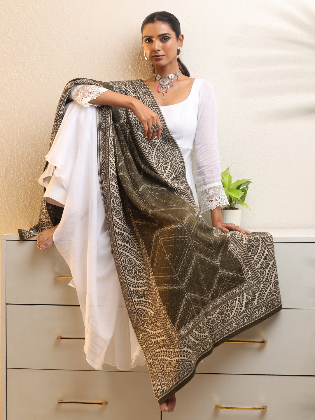  Libas Muted Moss Green Knitted Acrylic Wrap Shawl 
