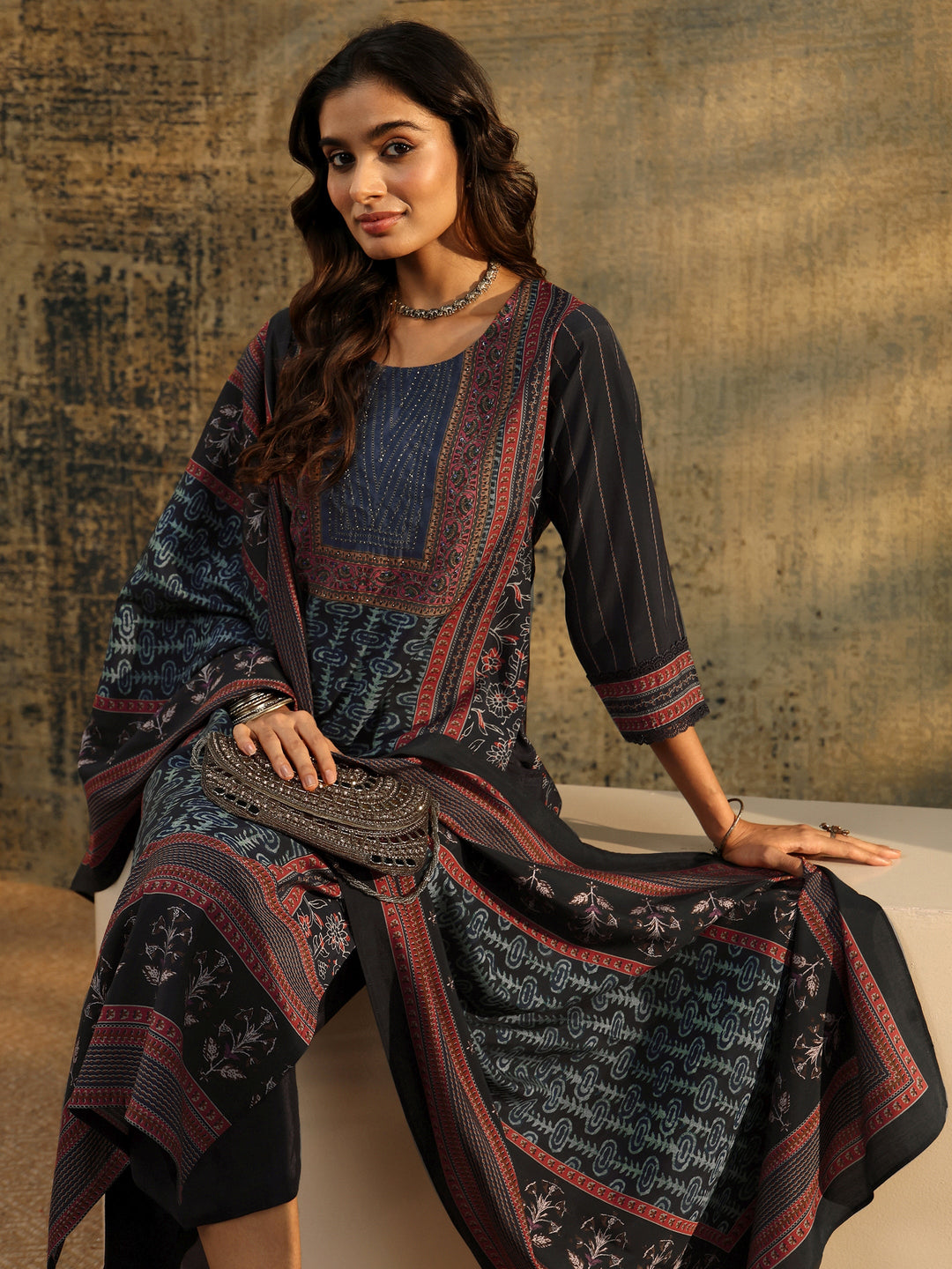  Libas Navy Blue Ajrakh Silk Blend Straight Suit Set 
