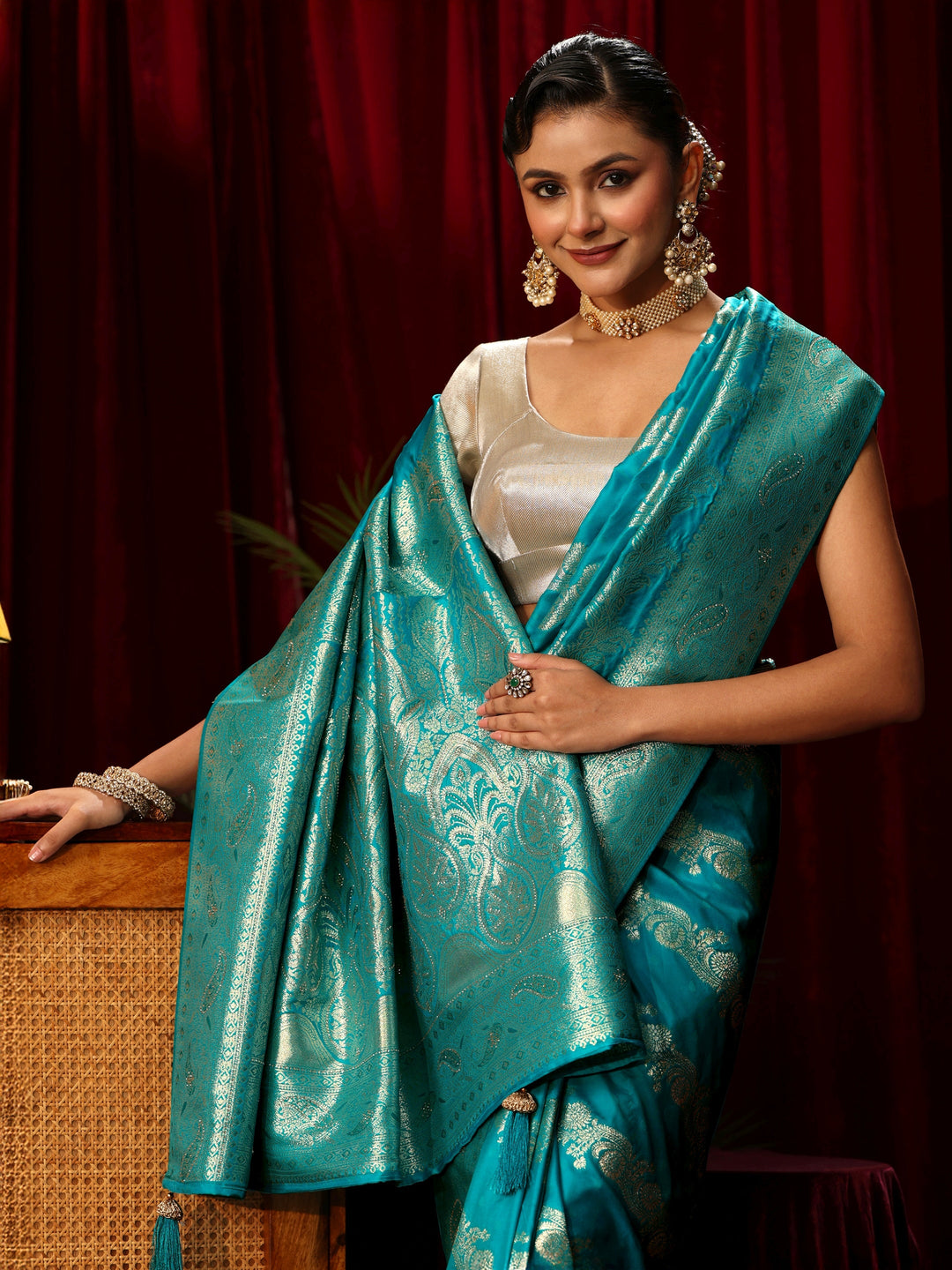 Libas Navy Blue Banarasi Silk Blend Saree