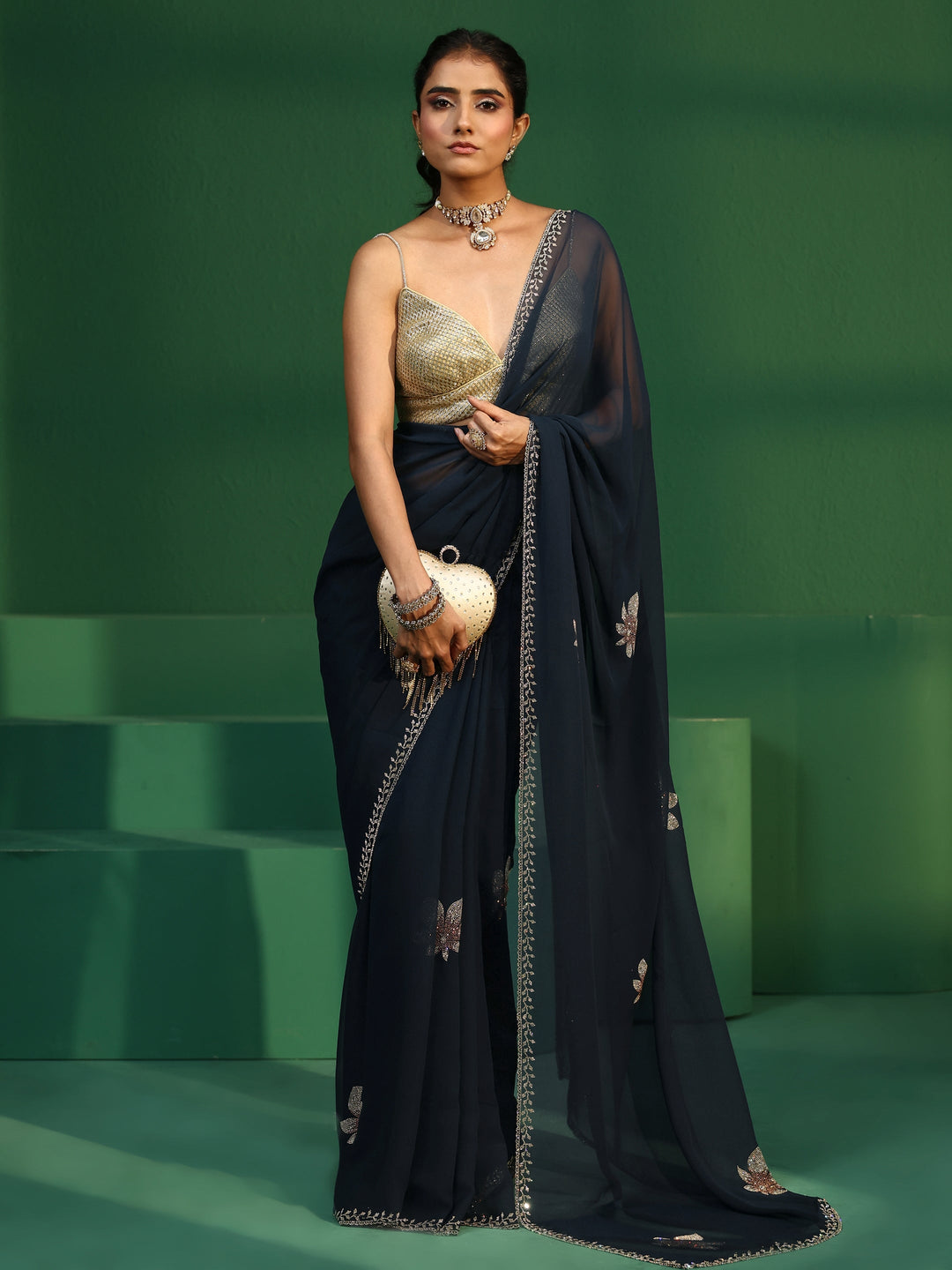  Libas Navy Blue Embellished Georgette Saree 