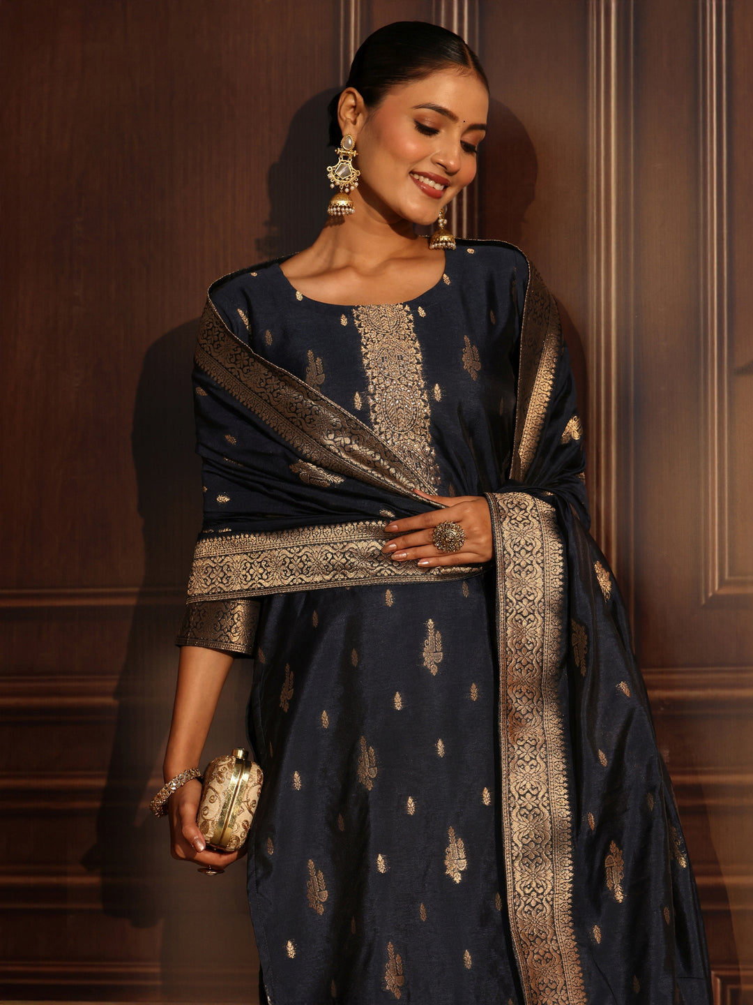  Libas Navy Blue Ethnic Woven Chanderi Silk Straight Suit Set 