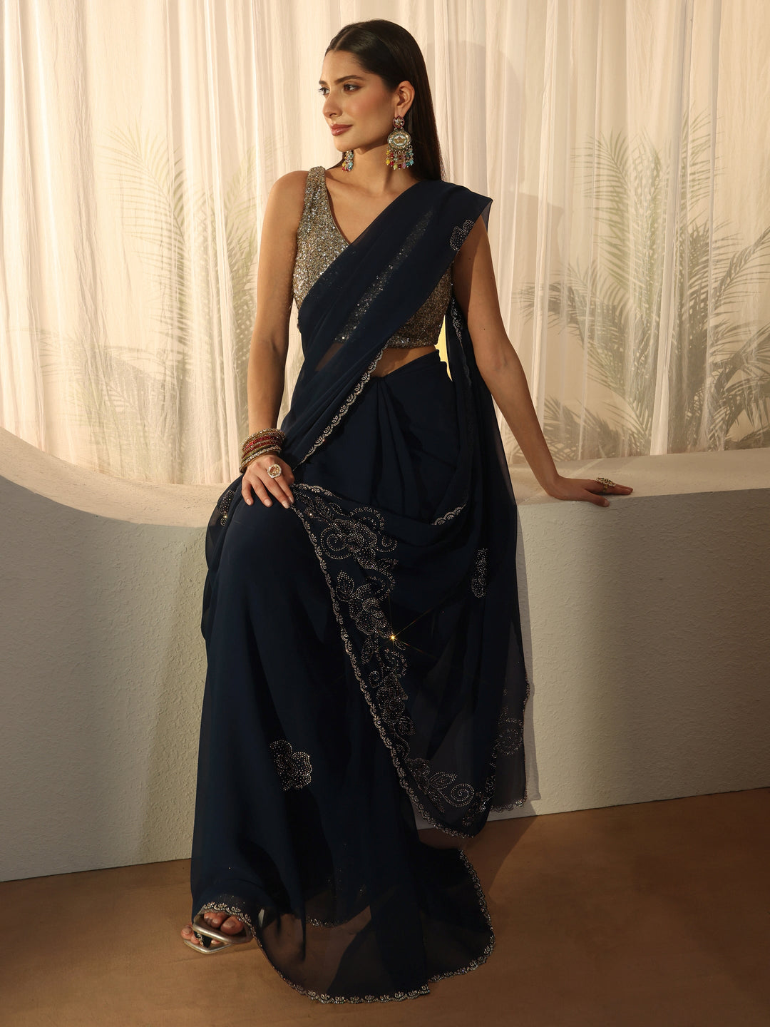  Libas Navy Blue Floral Embellished Georgette Saree 