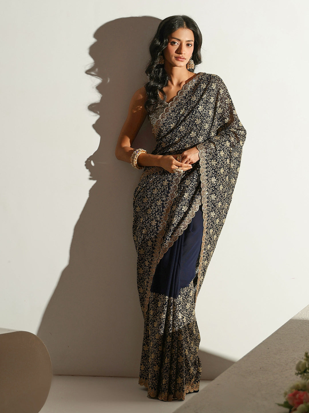  Libas Navy Blue Floral Embroidered Georgette Saree 