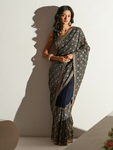Libas Navy Blue Floral Embroidered Georgette Saree