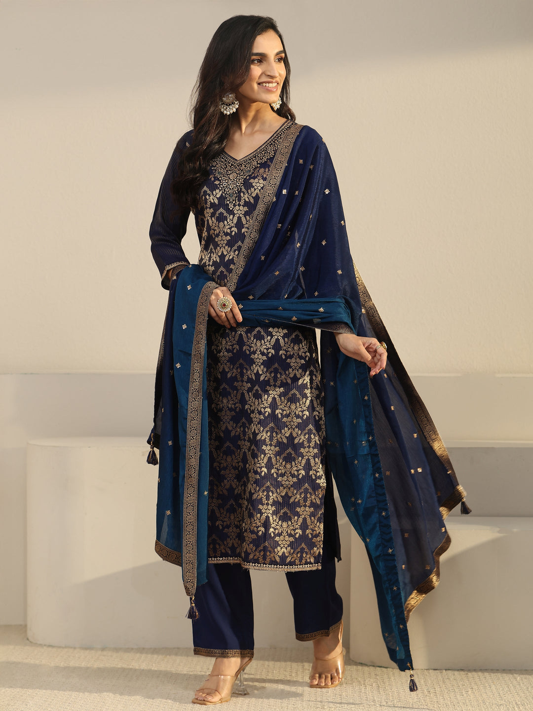 Libas Navy Blue Floral Embroidered Silk Blend Straight Suit Set