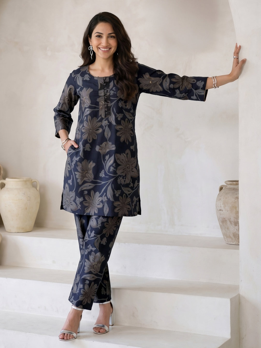 Libas Navy Blue Floral Printed Silk Blend Co-Ord Set