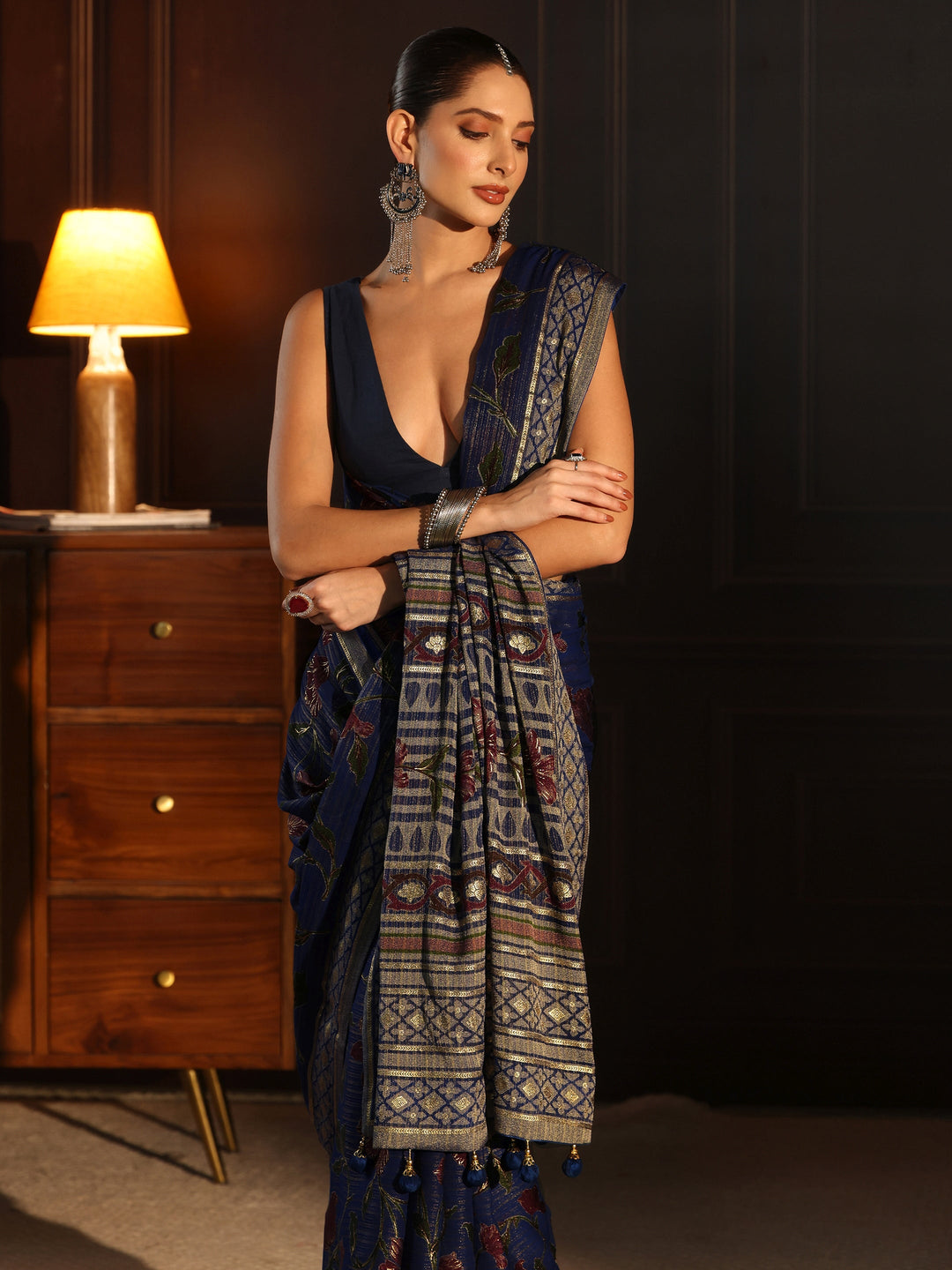 Libas Navy Blue Floral Printed Silk Blend Saree