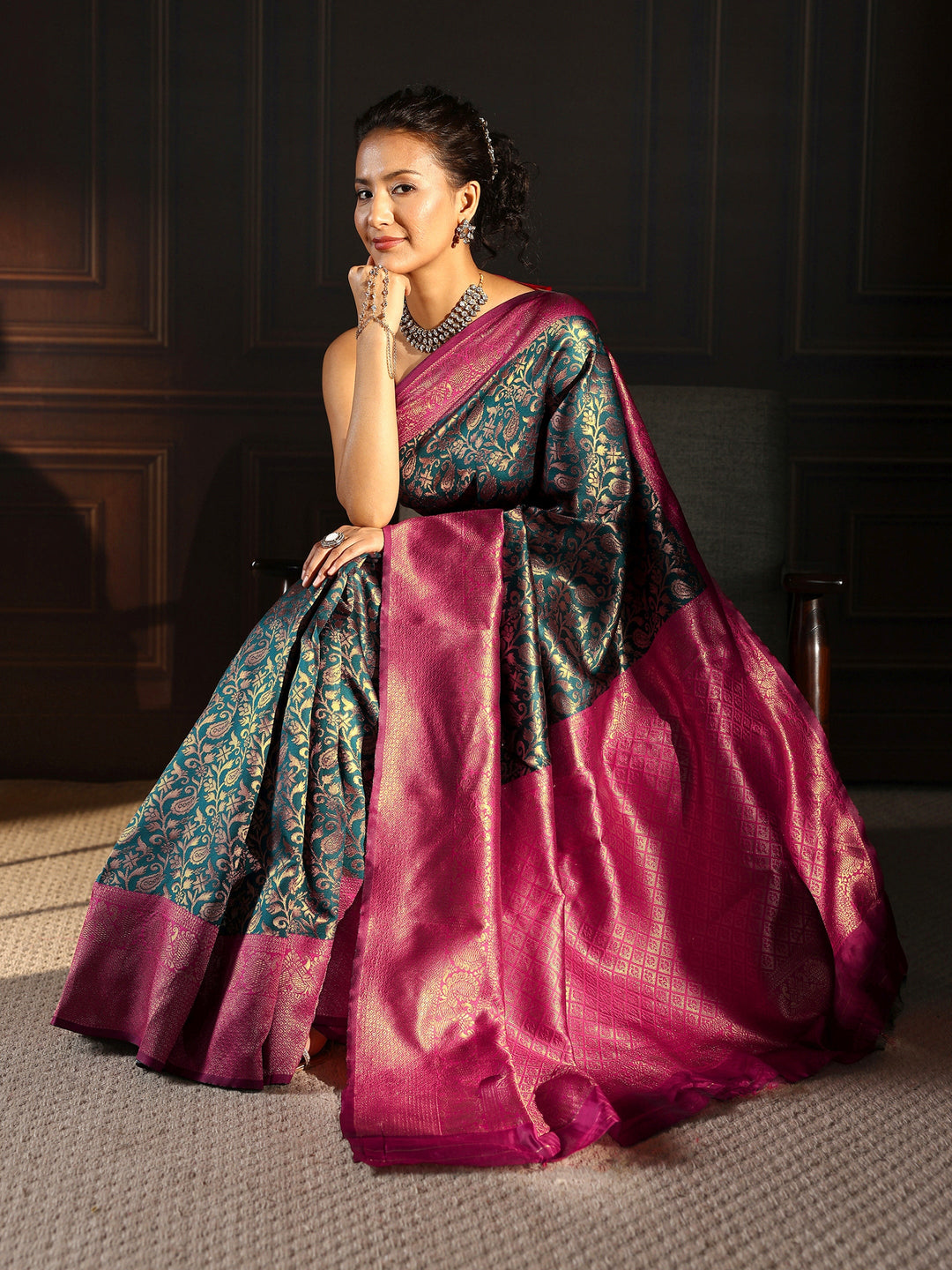  Libas Navy Blue Floral Woven Design Silk Blend Saree 