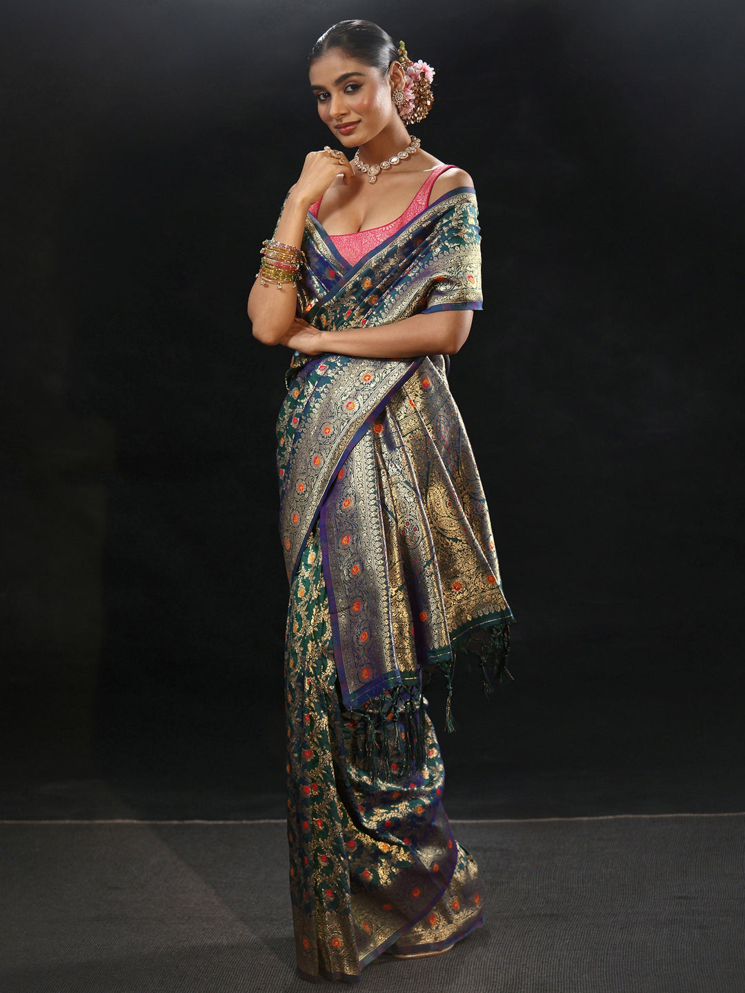  Libas Navy Blue Meenakari Banarasi Silk Blend Saree 