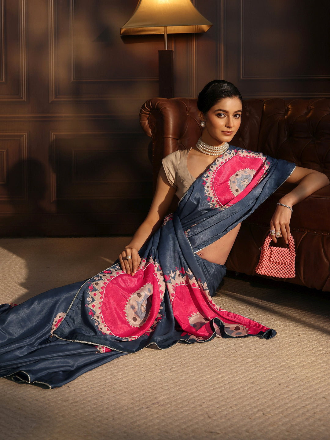 Libas Navy Blue Printed Silk Blend Saree with Applique Work