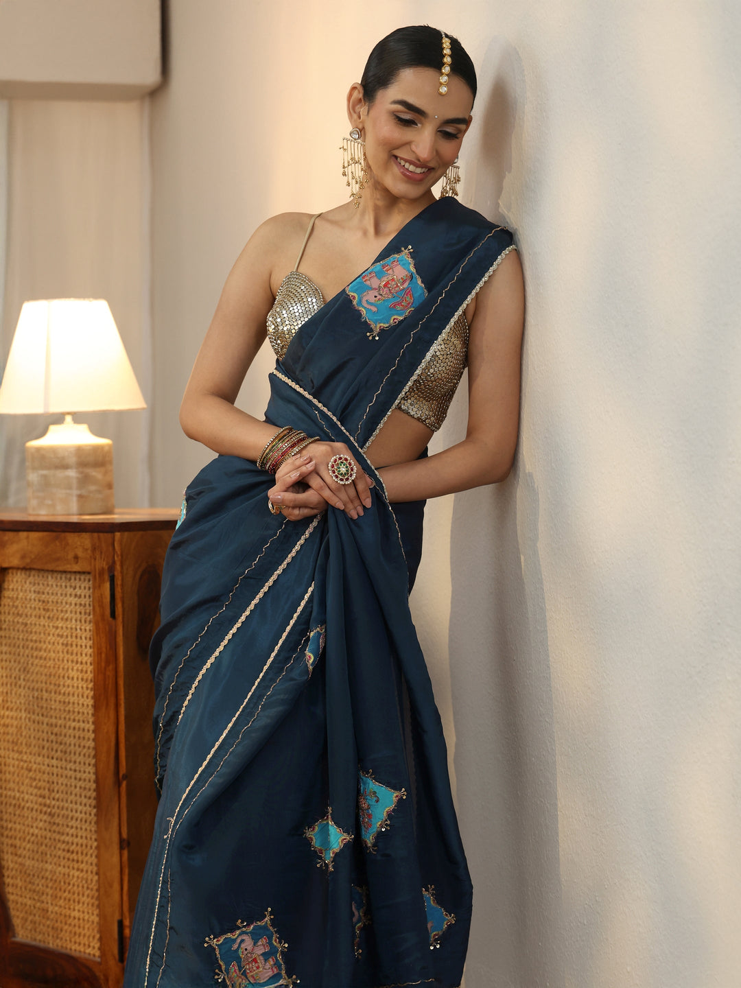  Libas Navy Blue Satin Saree with Applique Design 