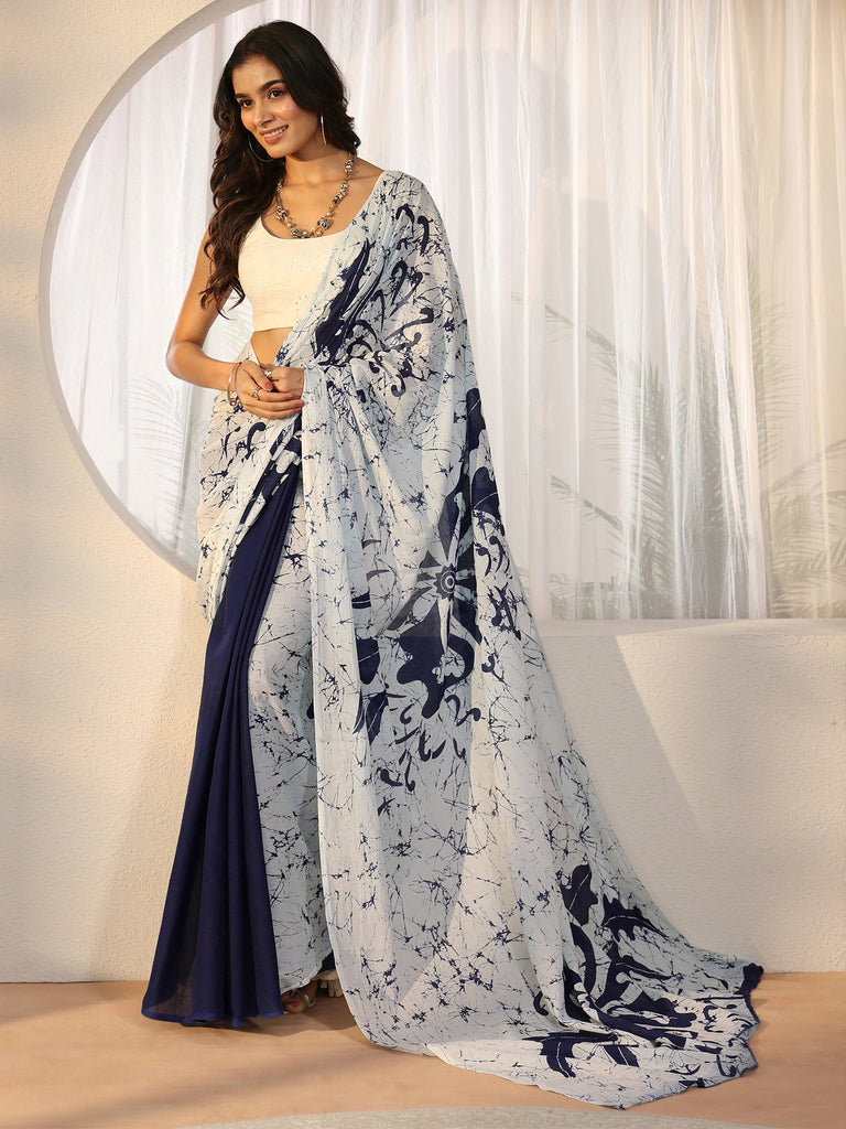 Libas Navy Blue Screen Printed Saree