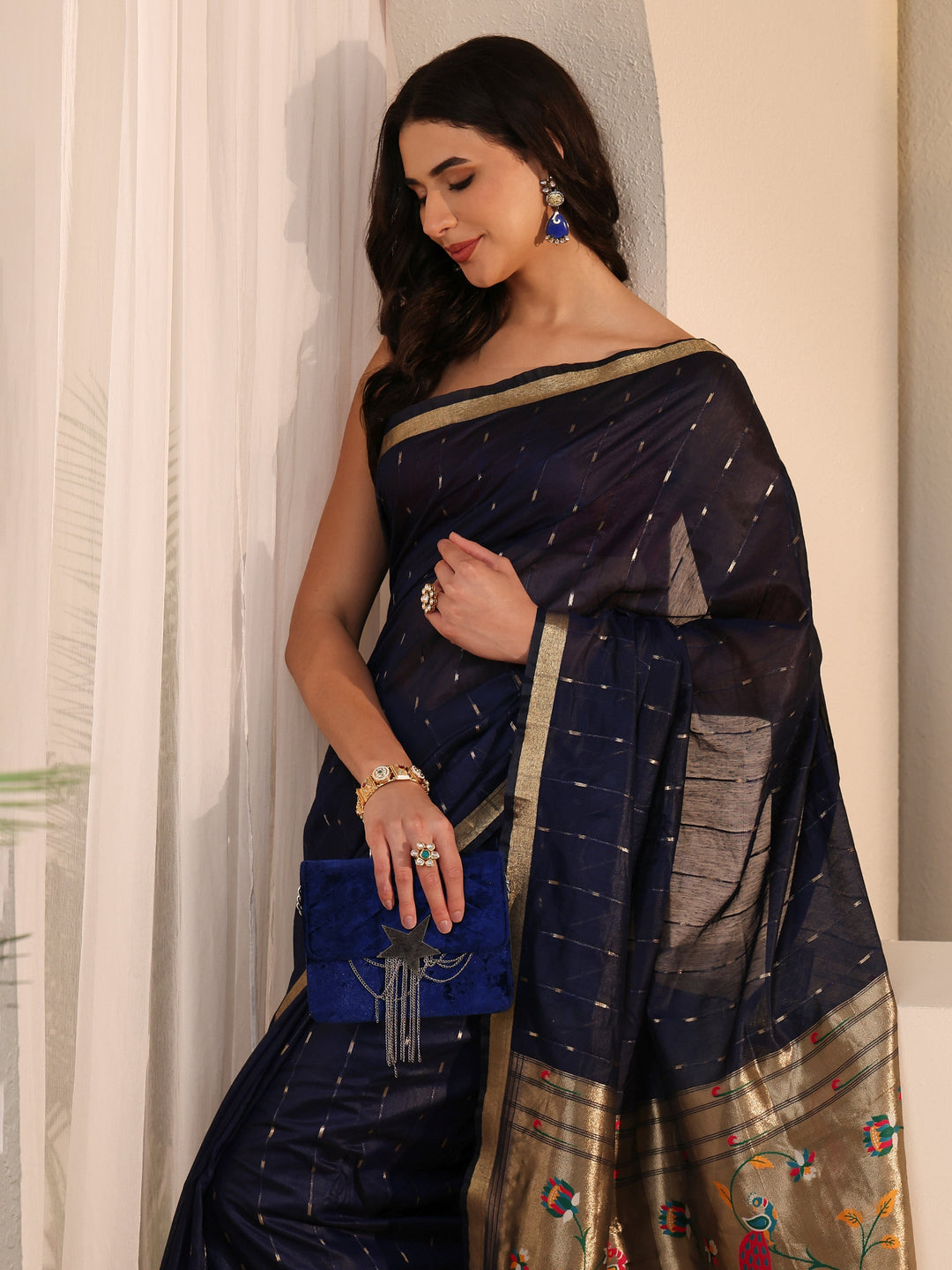  Libas Navy Blue Silk Blend Paithani Tassel Saree 