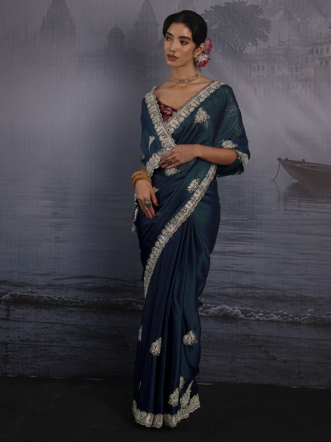  Libas Navy Blue Stone Work Embellished Chiffon Saree 