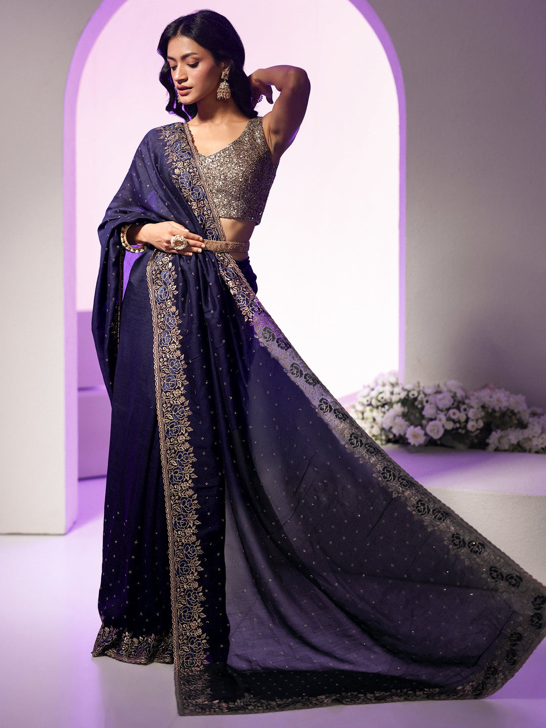  Libas Navy Blue Stone Work Embelllished Silk Blend Saree 