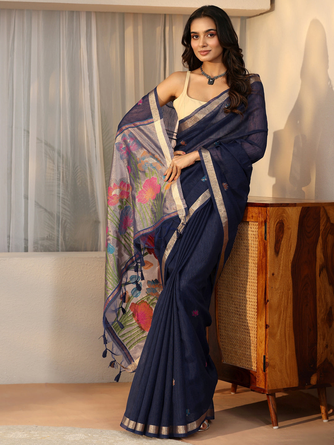  Libas Navy Blue Woven Design Floral Pallu Silk Blend Saree 