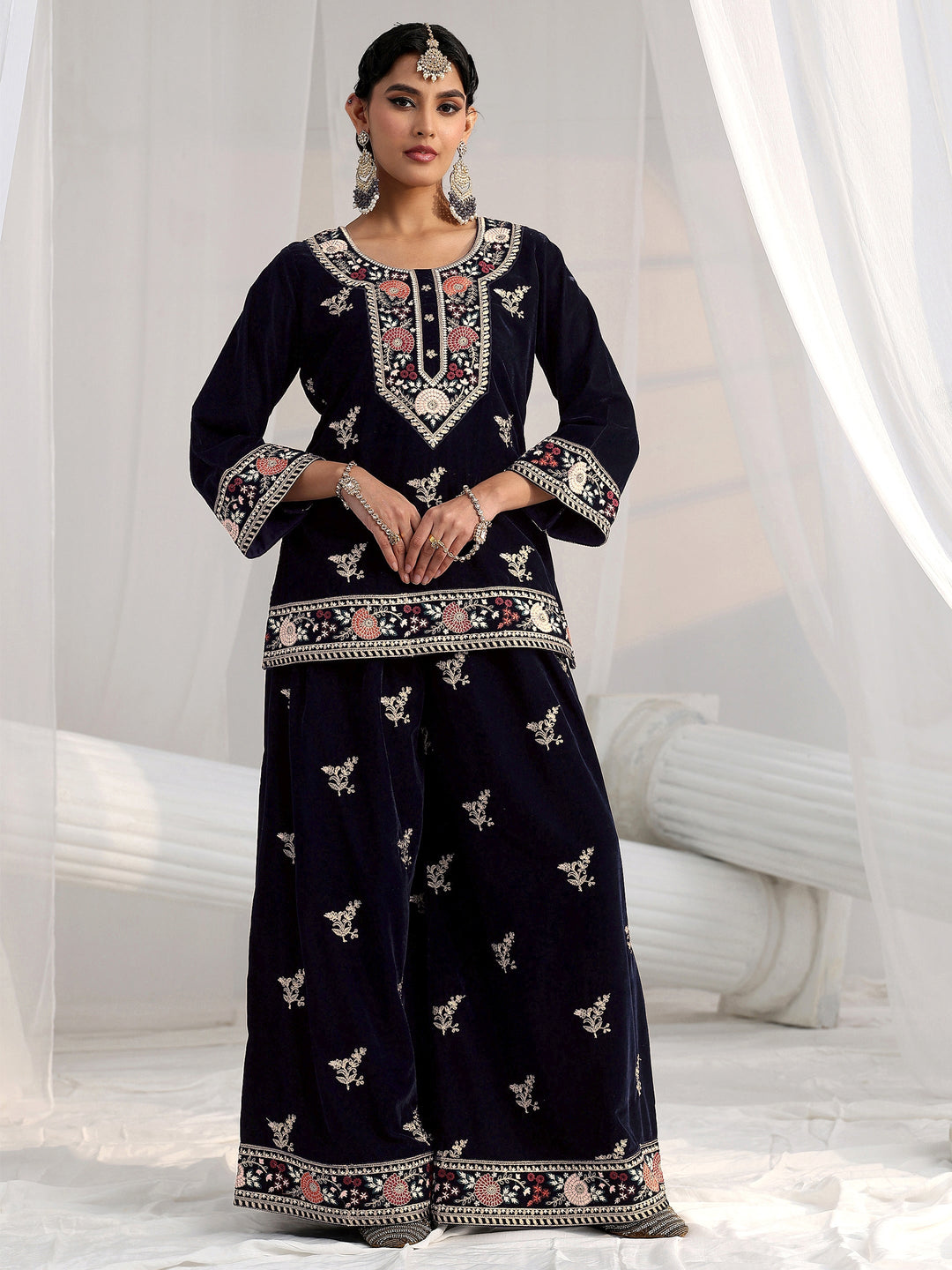  Libas Navy Blue Yoke Embroidered Design Velvet Co-Ord Set 