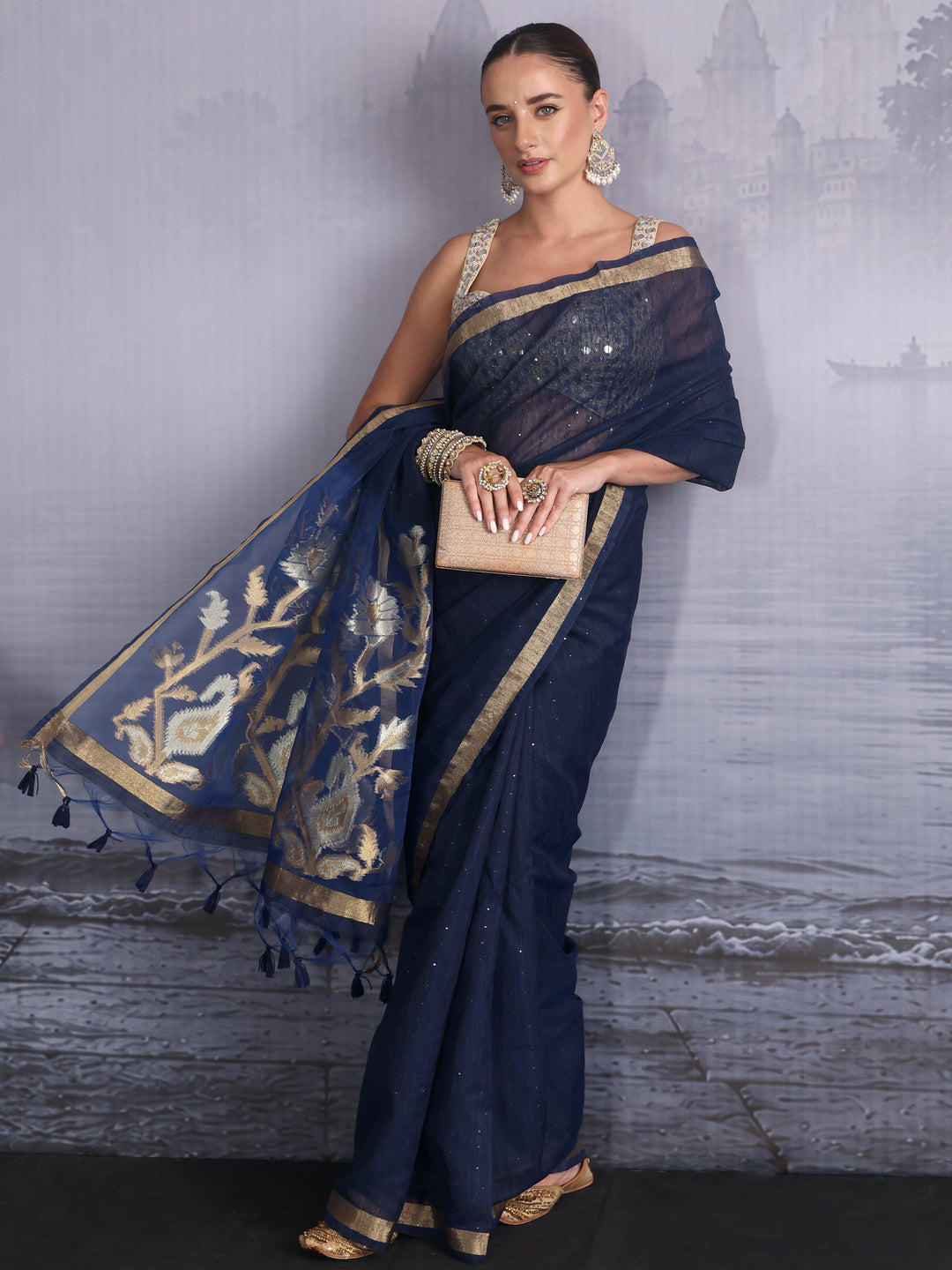 Libas Navy Cotton Blend Saree with Golden Floral Woven Design Pallu
