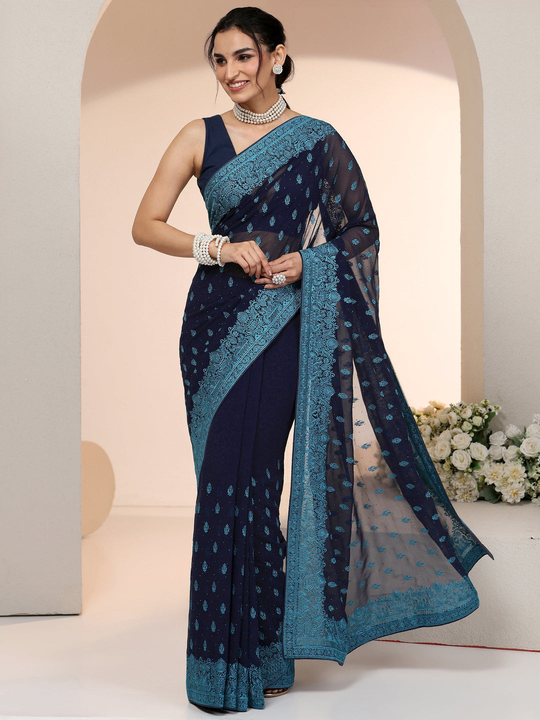 Libas Navy Embroidered Georgette Saree with Ethnic Motifs 