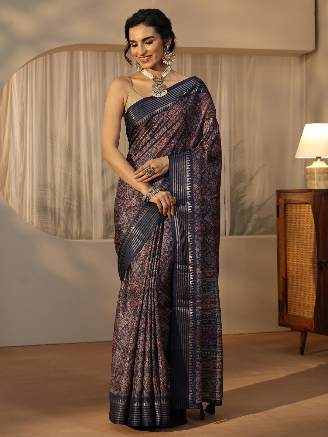  Libas Navy Floral Printed Silk Blend Saree with Temple Border 