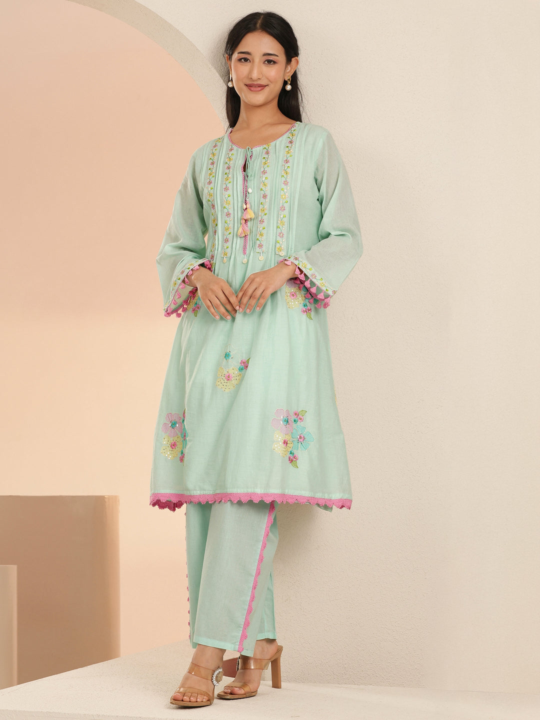  Libas Ocean Blue Floral Embroidered Cotton A-Line Kurta Set 