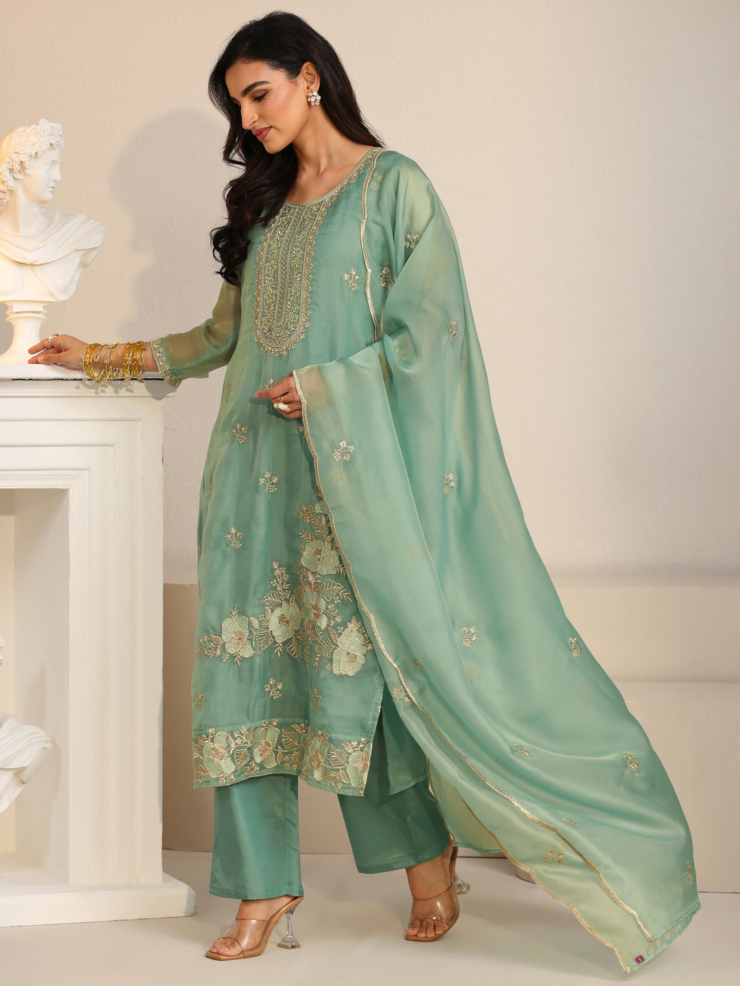  Libas Ocean Blue Floral Embroidered Organza Straight Suit Set 