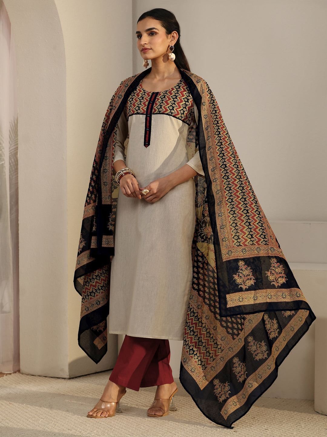  Libas Off White Chevron Cotton Blend Straight Suit Set 