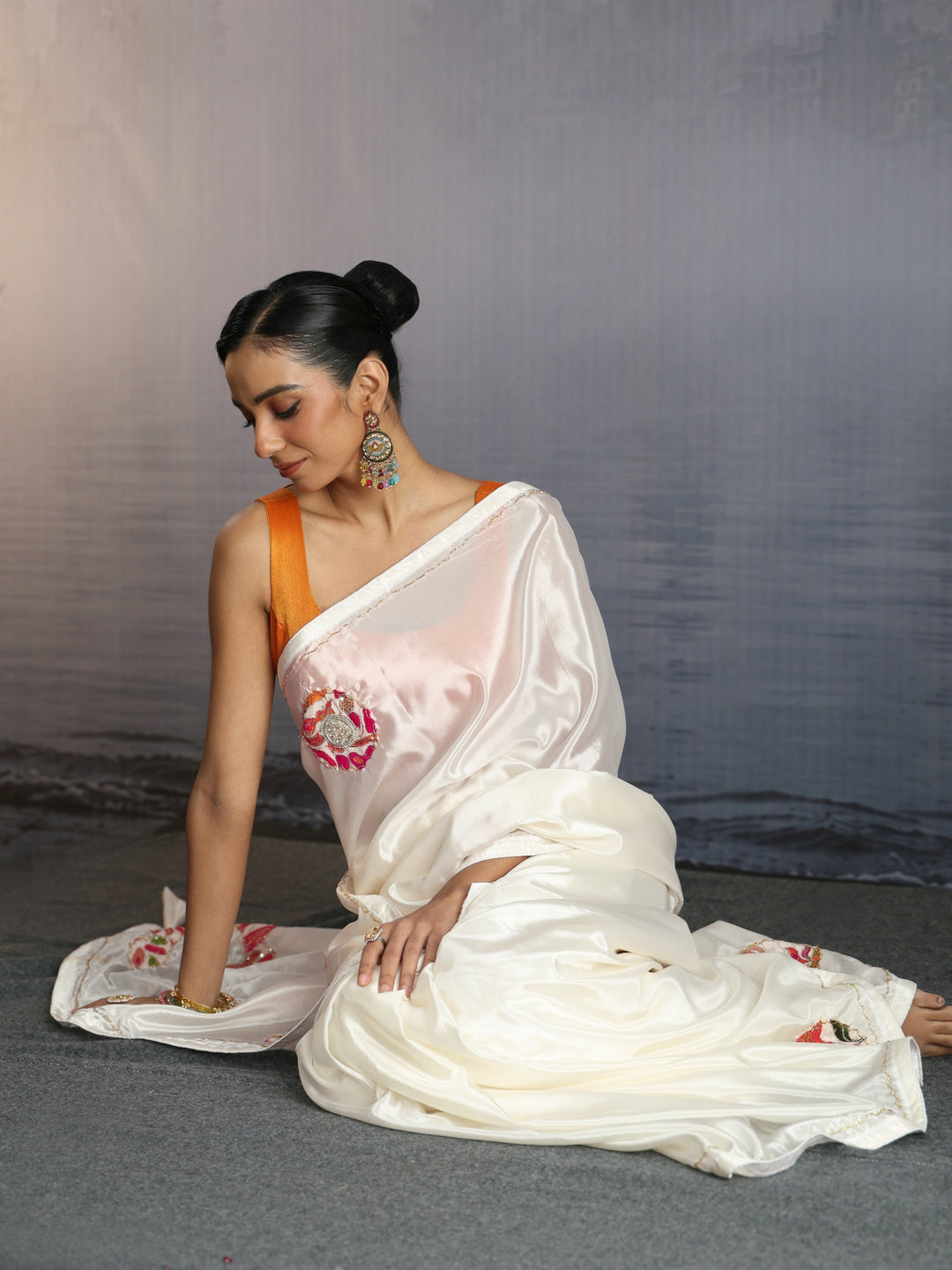  Libas Off White Embellished Satin Saree with Applique Work 