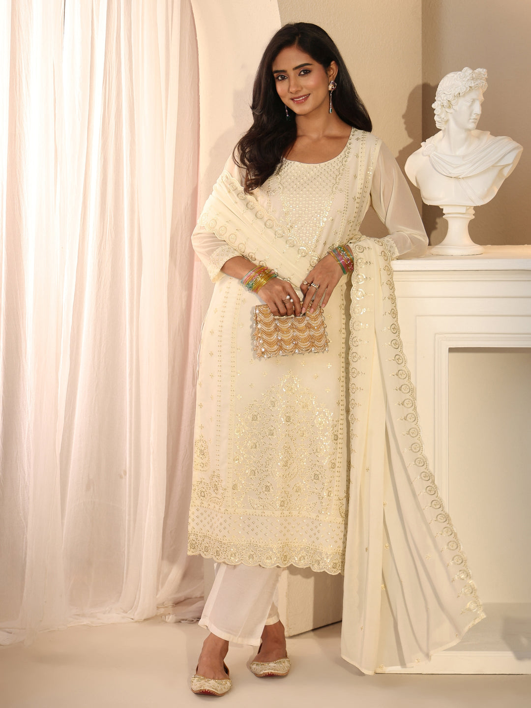  Libas Off White Embroidered Georgette Straight Suit Set 