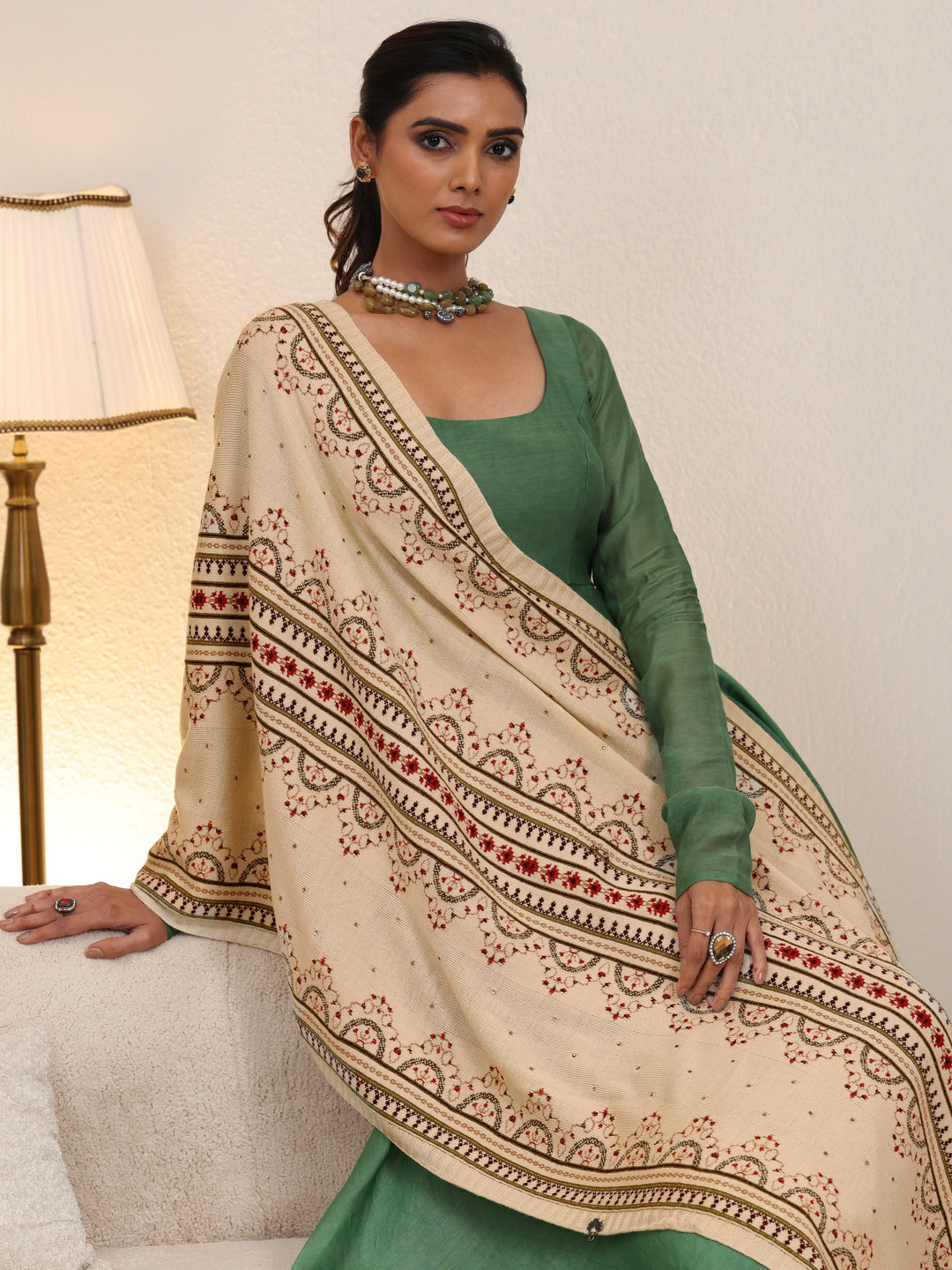  Libas Off White Ethnic Knitted Acrylic Wrap Shawl 