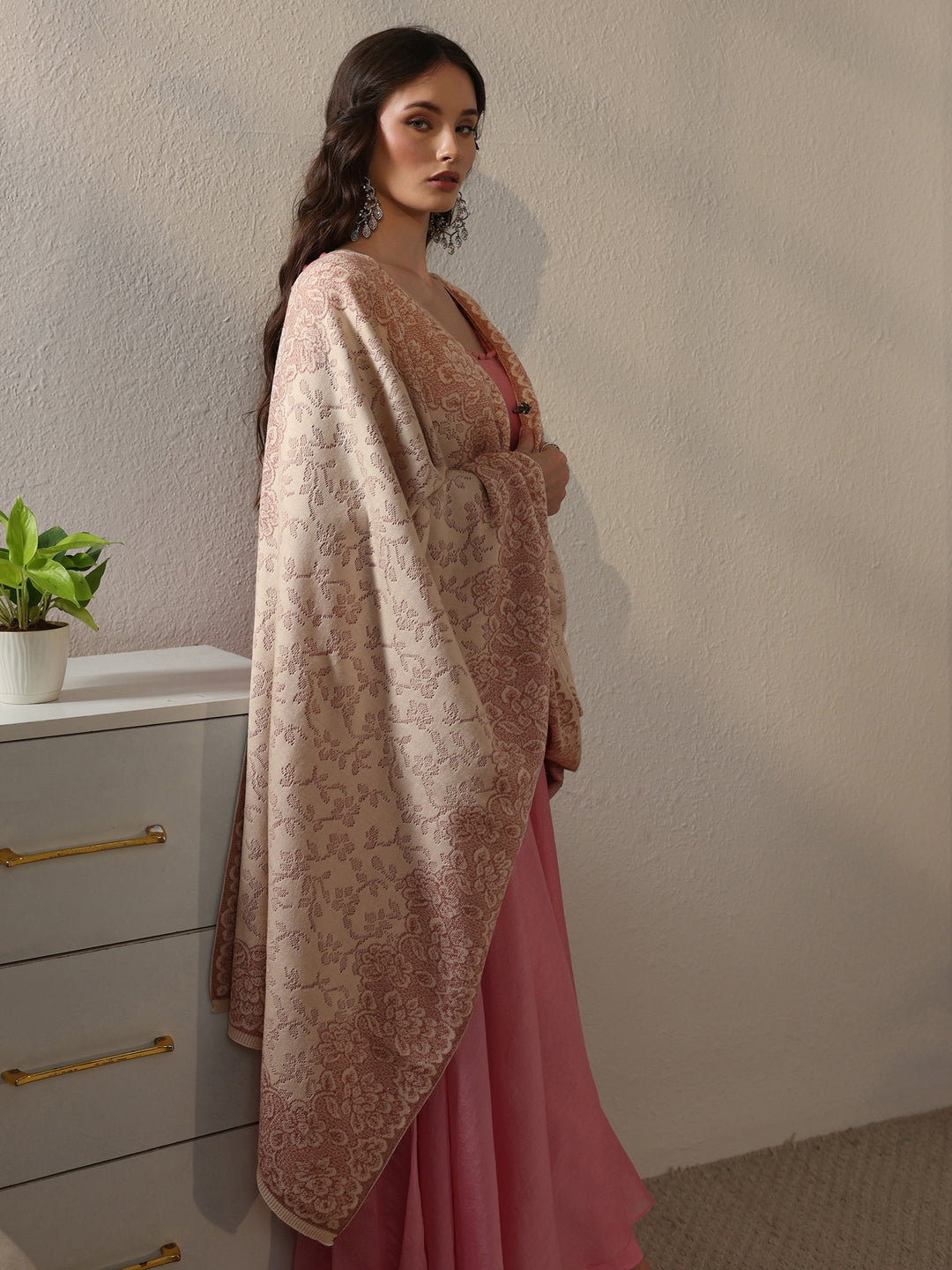  Libas Off White Floral Embroidered Acrylic Wrap Shawl 
