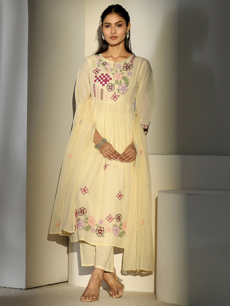 Libas Off White Floral Embroidered Cotton A-Line Suit Set