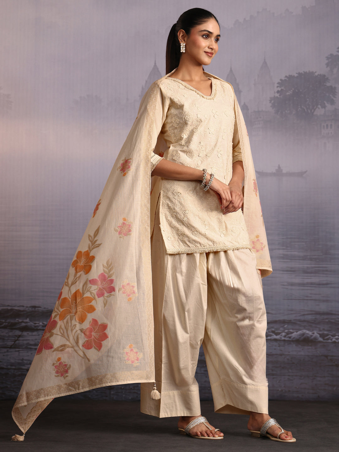Libas Off White Floral Embroidered Cotton Farshi Salwar Suit