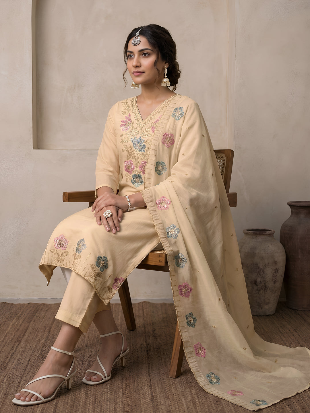 Libas Off White Floral Embroidered Silk Blend Straight Suit Set