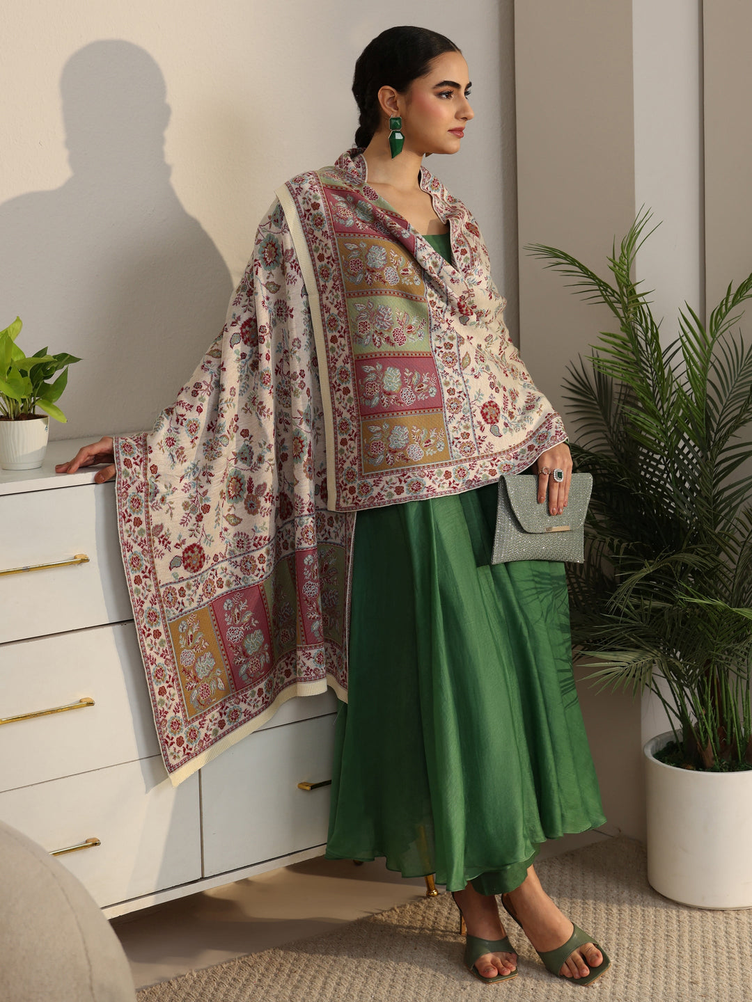  Libas Off White Floral Knitted Acrylic Shawl 